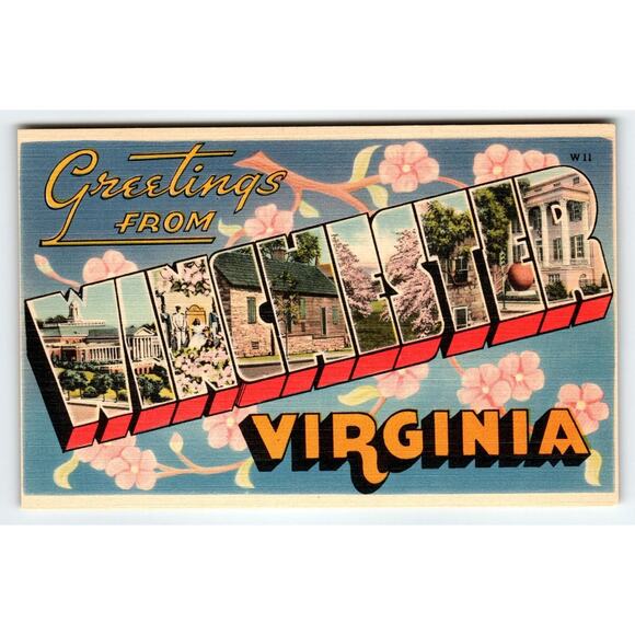 Greetings From Winchester Virginia 1940's Large Letter Linen State Postcard VA - Picture 1 of 2